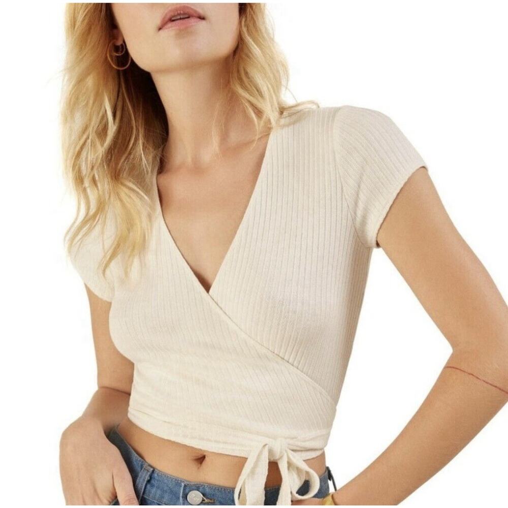 REFORMATION Flora Wrap Top XS Ivory Ribbed Minimalist Preppy Boho Date Night